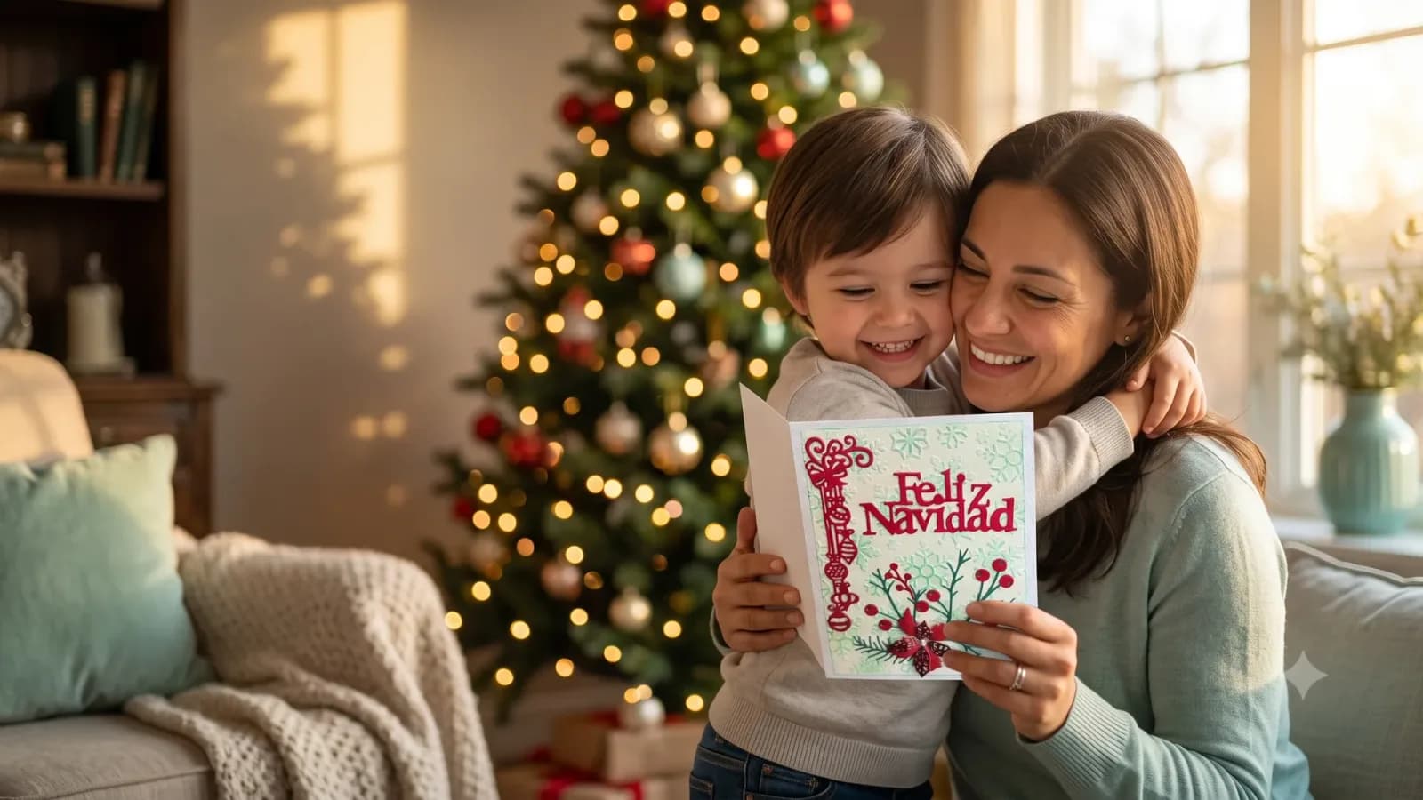 Un hijo entrega una tarjeta a su mamá en Navidad